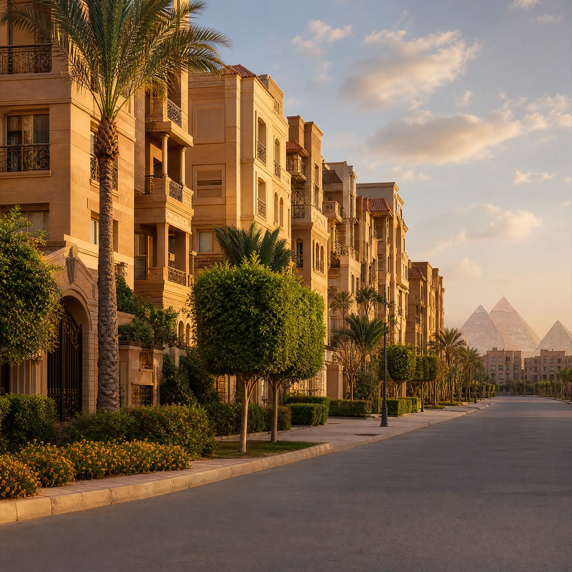 أفضل 7 أماكن في حدائق الأهرام مع شارع سكني راقٍ وواجهات مبانٍ أنيقة وإطلالة بعيدة على أهرامات الجيزة
